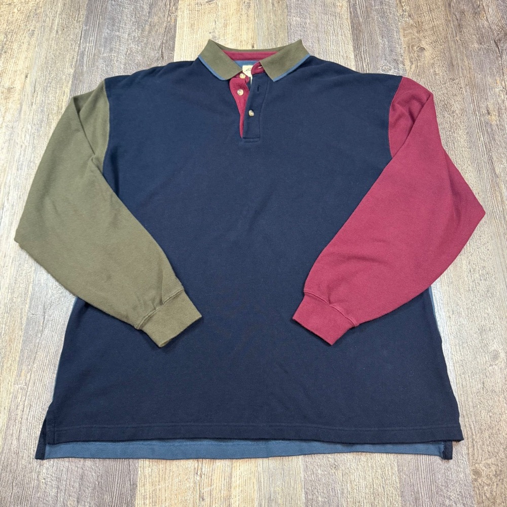 Vintage Eddie Bauer Rugby Polo Shirt Mens XL Multi Colorblock Long Sleeve Pique